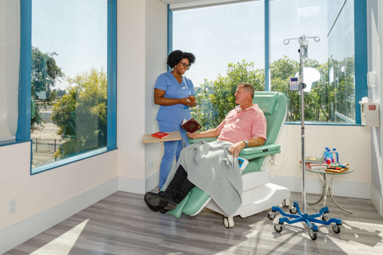 Patient at an infusion center for IV therapy and IV infusion