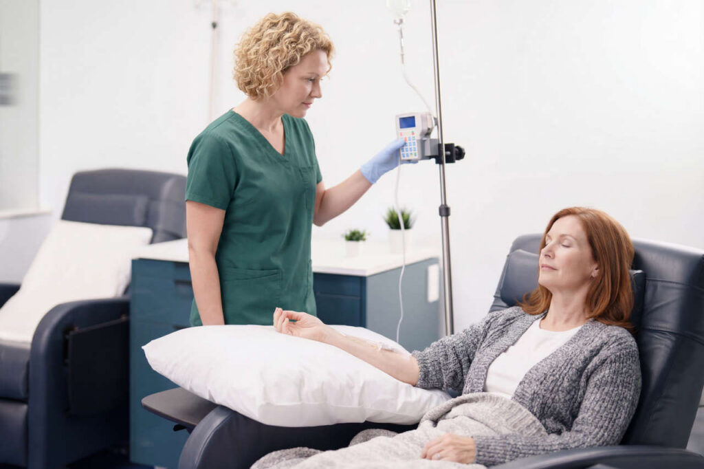 Patient receiving infusion at the Houston Infusion Center