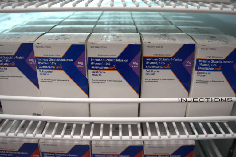 Shelf containing boxes of gammagard medication