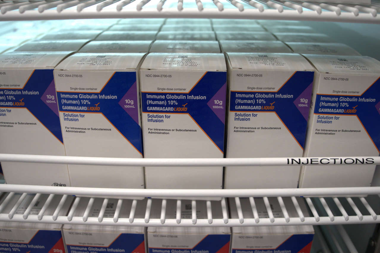 Shelf containing boxes of gammagard medication